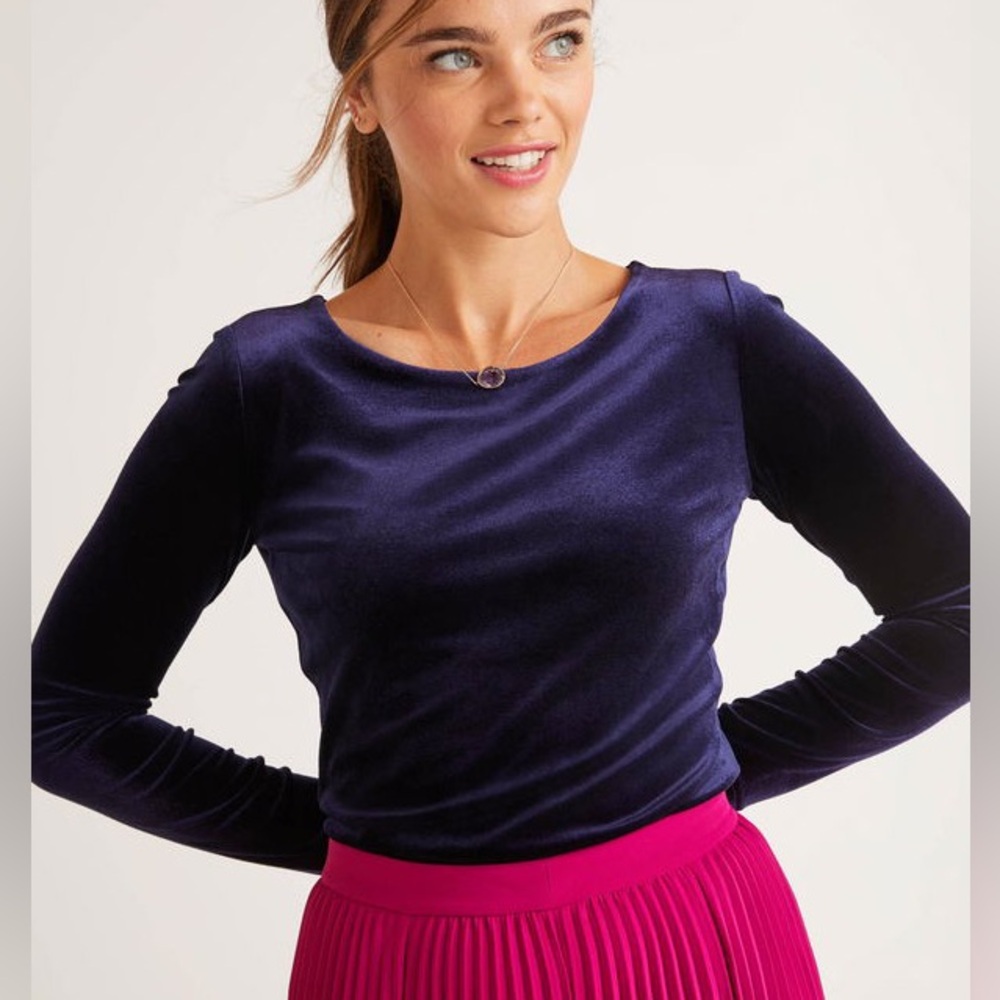 BODEN | Suki Velvet Top Navy Blue Long Sleeve Crewneck Blouse - Women’s 6